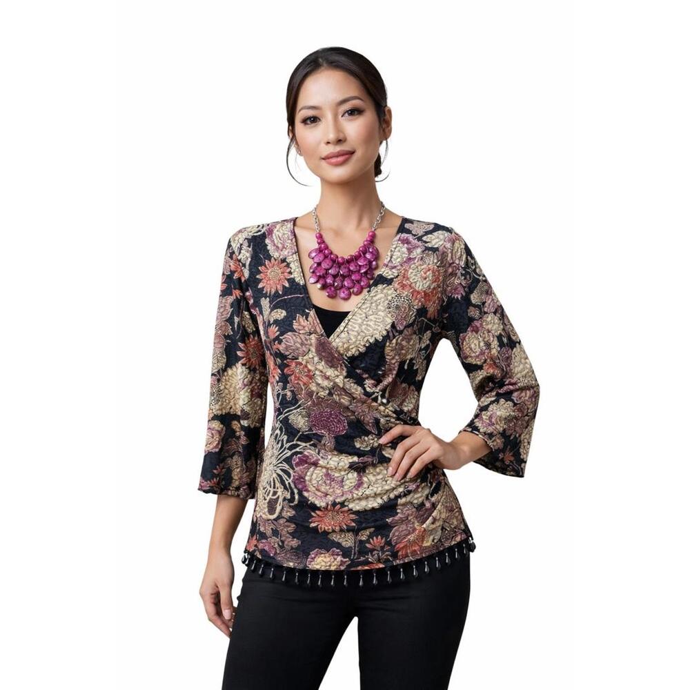 MSK Women’s Black Floral Tapestry Long Sleeve Beaded Wrap V Neck Blouse Size M